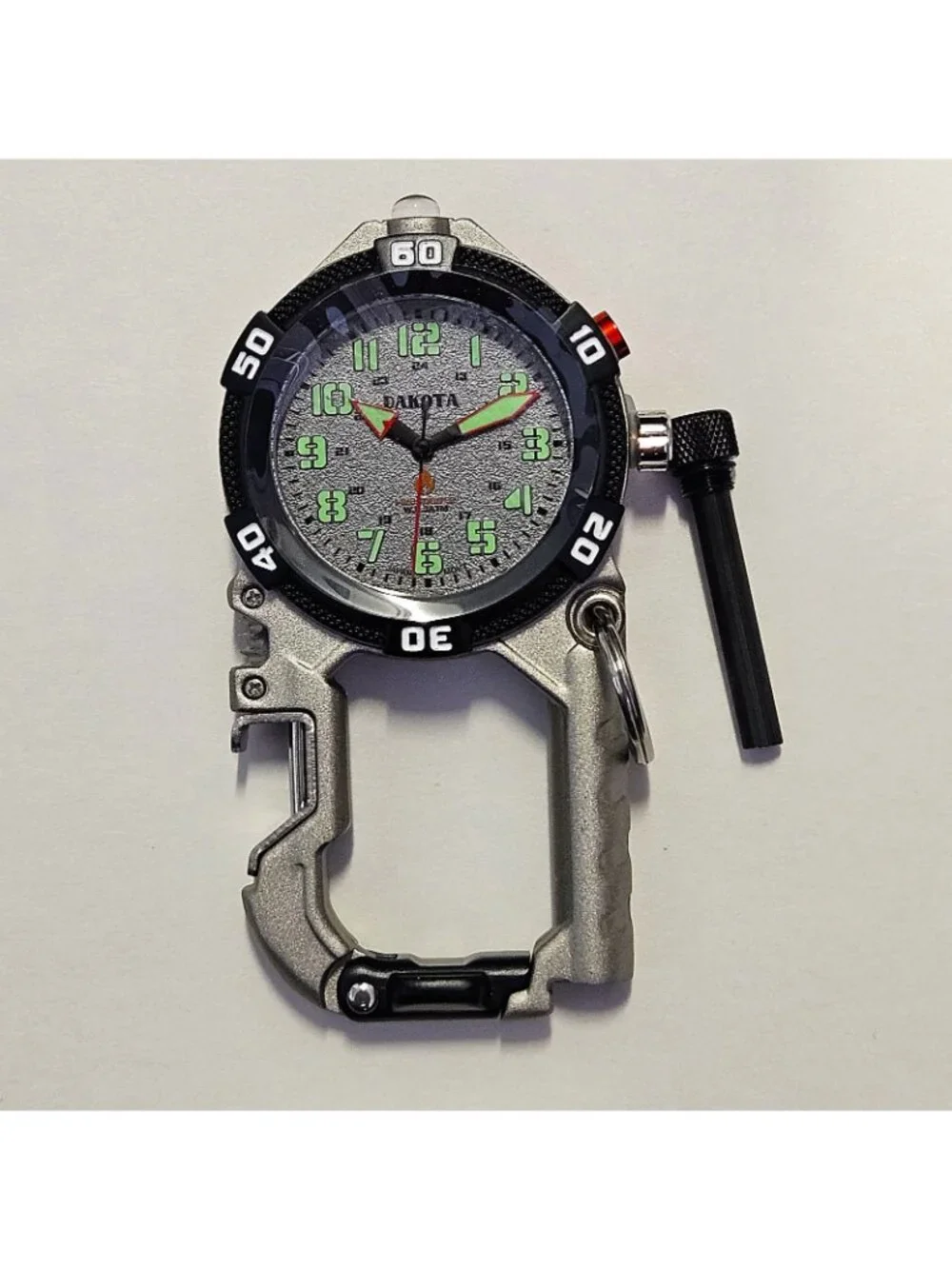 Dakota Flint Clip-On Survival Watch – Fire Starter, LED Flashlight & Bottle Open